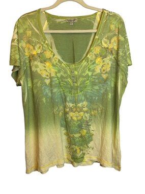 One World Blouse Women's 2X Floral Lightweight Stripes Yellow